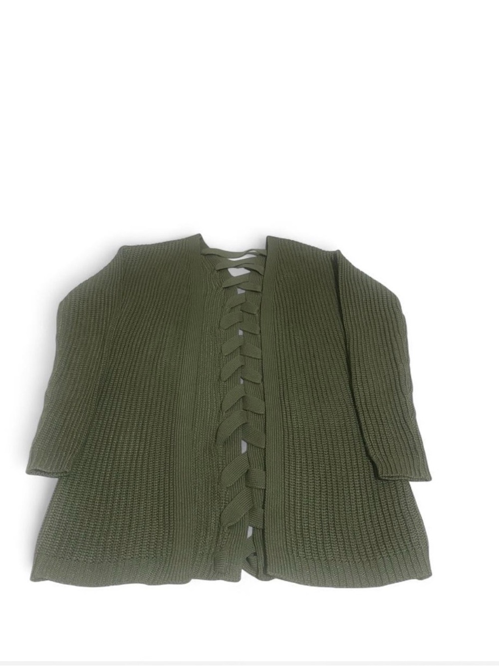 Olive Green Open-Front Knit Sweater with Ladder Detail